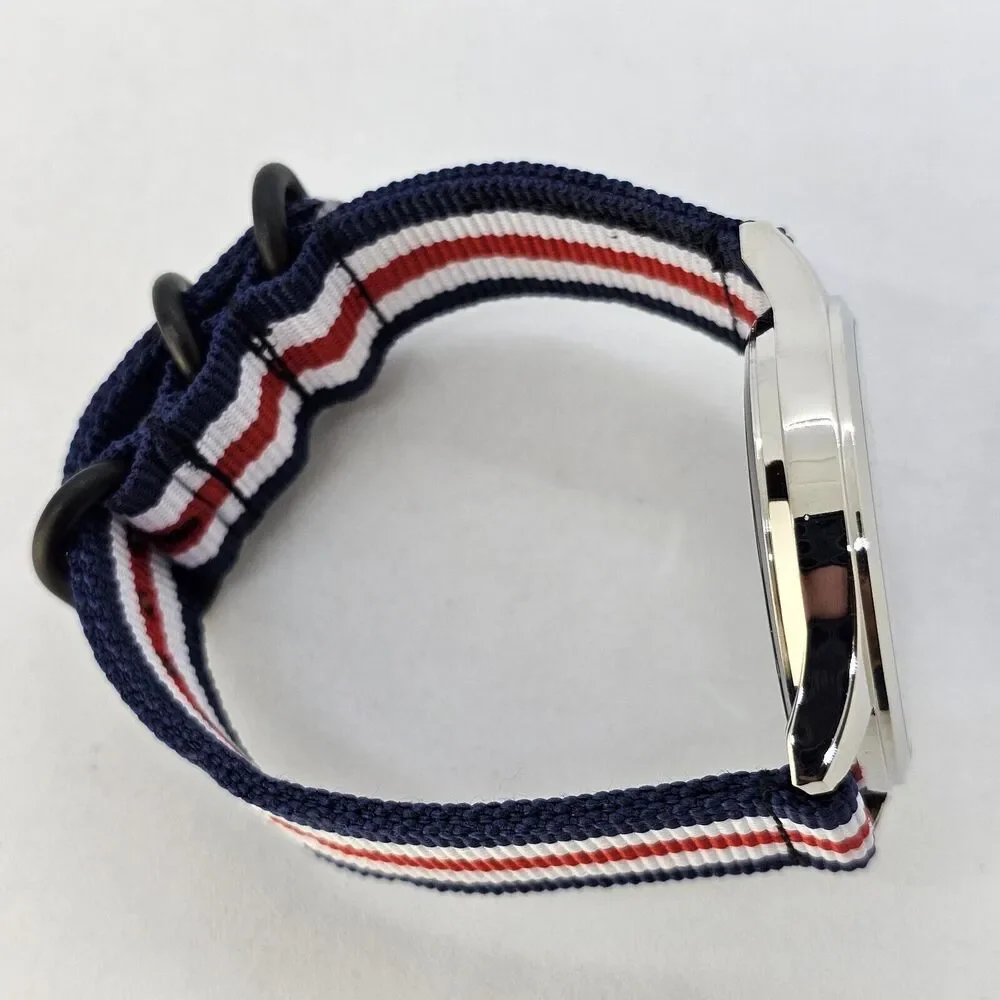 Men's Field Military Watch 42MM‎ Black Dial Blue White Red Canvas Band Straps